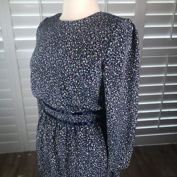 Vtg 80s Stuart Alan Petites Blue Floral Secretary Dress 14 Blouson Prairie - Picture 8 of 12